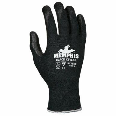 A black cut-resistant glove from MCR Safety, designed for safety, displays the text "Memphis Black Kevlar" in white. It features symbols and specifications like 9178NF and 6962. This size L glove offers a black textured surface for enhanced grip and protection.