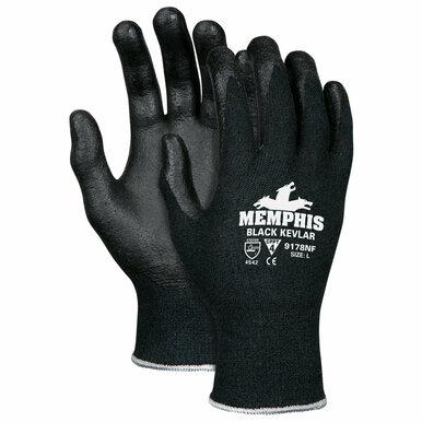 A pair of MCR Safety Memphis Black Kevlar Cut Protection Gloves 9178NF, featuring a white logo and text on the back. These cut-resistant safety gloves provide optimal protection and are crafted with reinforced material for enhanced durability.