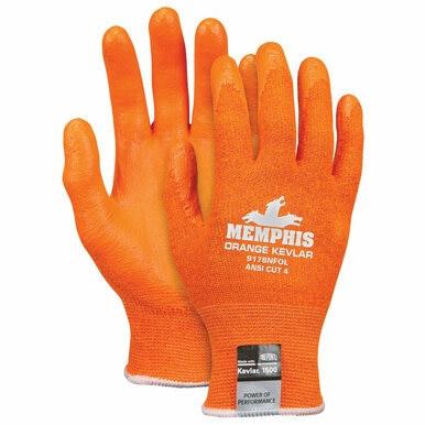 A pair of MCR Safety "Memphis Orange Kevlar Cut Protection Gloves 9178NFO," crafted from DuPont Kevlar, features high visibility in bright orange and offers "ANSI cut level 4" protection. Adorned with a horse logo and the label "Power of Performance," these gloves ensure safety and style in one package.