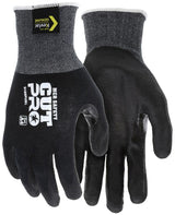 These MCR Safety Cut Pro 18 Gauge Kevlar PU Work Gloves, available in black and gray, are designed for durability and excellent grip with their textured surface. Displaying "MCR Safety Cut Pro" prominently on the back, these ANSI Cut Level A4 gloves provide top-tier cut resistance and feature a safety certification label on the wrist area for added assurance.