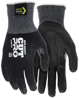 MCR Safety's Cut Pro 18 Gauge Kevlar PU Work Gloves, model 9188PUB, come in black and prominently display safety logos on the back. These work gloves are cut-resistant, boast a textured grip with a seamless knit design, and include contrast-colored cuffs. They offer ANSI Cut Level A4 protection and are available in packs of 12 pairs.