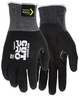 These black and gray protective gloves are labeled "MCR Safety Cut Pro," featuring ANSI Cut Level A4 Kevlar Comfort branding. Designed for safety and ideal for industrial use, these cut-resistant work gloves have a textured surface for grip.