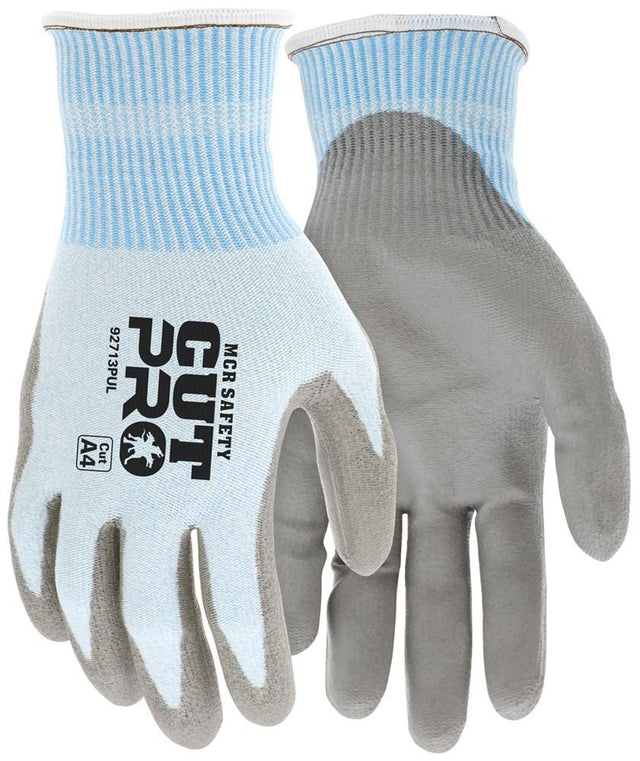 Introducing the MCR Safety Cut Pro 13 Ga HyperMax PU Gloves (92713PU), available in a pack of 12 pairs. These gloves are designed with a light blue and gray HyperMax shell featuring a ribbed wrist design. They prominently display the text "CUT PRO" and "MCR SAFETY." Enhanced with a polyurethane coating, these gloves provide exceptional protection against cuts and abrasions.