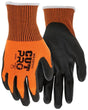 These orange and black MCR Safety Cut Pro gloves, featuring the brand name "Cut Pro" on the front, are designed with a textured grip, ribbed cuffs, and a durable Hypermax shell. They also include a polyurethane palm coating for enhanced protection.