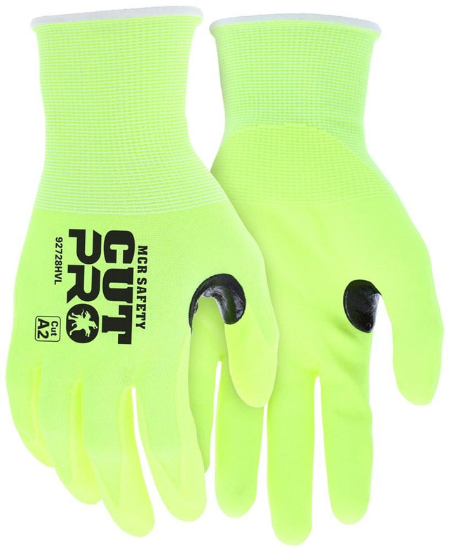 These work gloves from MCR Safety are called "MCR Cut Pro 18 Ga HyperMax Hi-Vis Nitrile Gloves," labeled with the code "92728HV." They feature bright yellow, cut-resistant material and black Hi Vis Nitrile foam-coated palms. Designed to be touchscreen-friendly, they provide both safety and convenience for the modern worker.