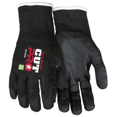 The MCR Safety Cut Pro 15 Gauge Hypermax Shell Nitrile 92735N gloves (12 pairs) provide superior protection, featuring a black design with white cuffs and detailing in red and white text and logo. With an ANSI Cut A9 rating, these gloves are nitrile-coated for increased durability and include a textured grip on the palm and fingers for added safety.