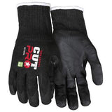 A pair of MCR Safety Cut Pro 15 Gauge Hypermax Shell nitrile-coated gloves in black, featuring a textured grip, white cuffs, and "Cut Pro" text alongside ANSI Cut A9 protection level details on the back.