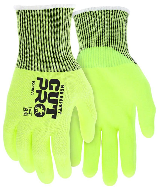 The MCR Safety "Cut Pro 13G HyperMax" gloves in neon yellow and black are designed for enhanced safety with their high-visibility lime color. These cut-resistant gloves offer optimal protection with a textured nitrile foam grip and are identified by the codes "9273HV" and "A4".