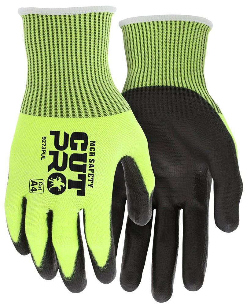 A pair of MCR Cut Pro A4 13g Hypermax Hi-Vis PU Gloves 9273PU in bright yellow and black, prominently displaying "MCR Safety" on the front. These cut resistant gloves are crafted with a textured grip and black fingertips, engineered for superior protection.