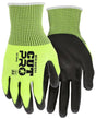 A pair of MCR Cut Pro A4 13g Hypermax Hi-Vis PU Gloves 9273PU in bright yellow and black, prominently displaying "MCR Safety" on the front. These cut resistant gloves are crafted with a textured grip and black fingertips, engineered for superior protection.