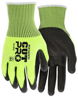 A pair of MCR Cut Pro A4 13g Hypermax Hi-Vis PU gloves featuring bright yellow fabric with black, rubber-coated palms and fingers. They are labeled with "MCR Safety" and offer cut-resistant protection. The gloves have a stretchy, ribbed wrist cuff to ensure a secure fit.