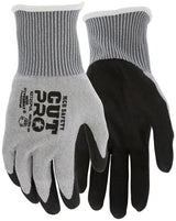 A pair of MCR Safety's MCR Cut Pro 13G HyperMax PU Coated Gloves 9273SPU, featuring gray fabric with black palms and fingertips, is displayed against a white background. These gloves are enhanced with an ANSI cut level A9 certification printed on the back, ensuring exceptional safety.