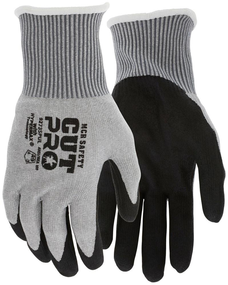 The MCR Safety "Cut Pro 13G HyperMax PU Coated Gloves 9273SPU" offer gray and black ANSI cut level A9 protection with a ribbed cuff. Featuring text and safety symbols on one glove, these cut-resistant gloves are engineered for enhanced grip and durability, making them perfect for industrial or heavy-duty applications.