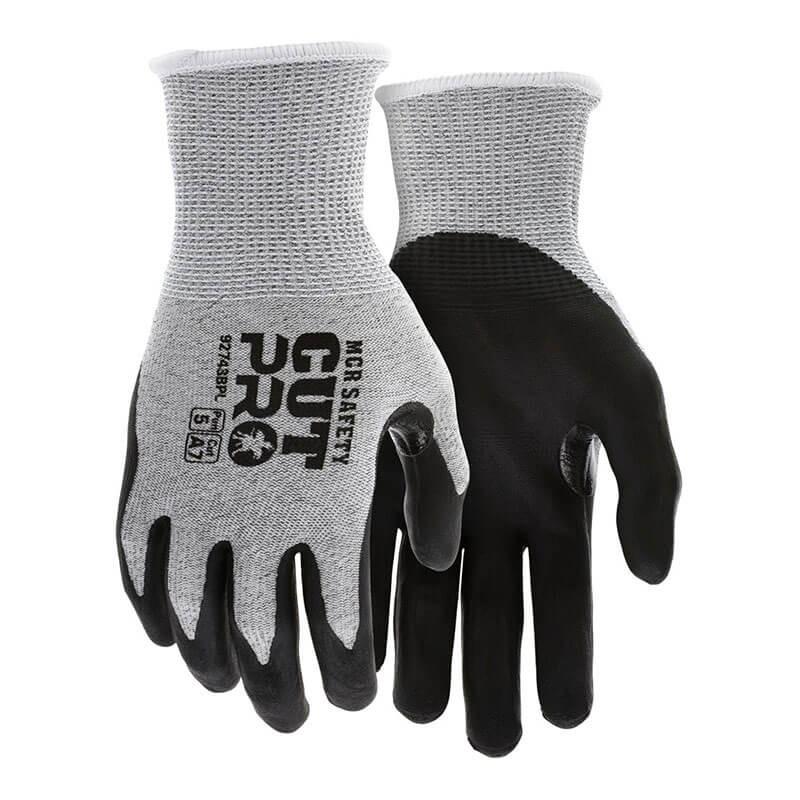 The MCR Safety Cut Pro 13G HyperMax Bi-polymer Gloves (model 92743BP) provide exceptional cut protection with their HyperMax shell. In a stylish gray and black color scheme, these gloves have a textured grip, seamless knit design, and are touchscreen-compatible. They are displayed in various orientations to highlight both the front and back views.