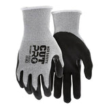 A pair of MCR Cut Pro 13G HyperMax Bi-polymer Gloves from MCR Safety, labeled with "MCR SAFETY CUT PRO" text and size standards, available in gray and black. These touchscreen-compatible gloves feature a HyperMax shell and have a textured surface on the palms and fingers to improve grip.