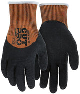 Introducing the MCR Safety MCR Cut Pro 13G HyperMax Crinkle Latex Gloves 92743LT from MCR Safety, these black and orange gloves offer cut protection and feature a logo with numbers on the wrist. They boast an ANSI Cut Level A8 rating, providing a rubber-like grip on the palm and fingers, while maintaining durability and ergonomics in the fabric.