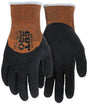 Introducing the MCR Safety MCR Cut Pro 13G HyperMax Crinkle Latex Gloves 92743LT from MCR Safety, these black and orange gloves offer cut protection and feature a logo with numbers on the wrist. They boast an ANSI Cut Level A8 rating, providing a rubber-like grip on the palm and fingers, while maintaining durability and ergonomics in the fabric.