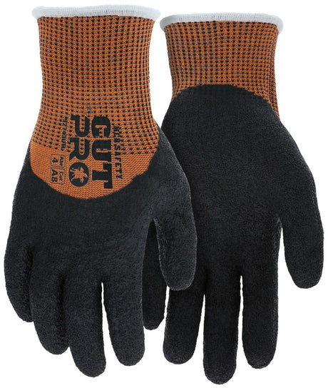 The MCR Safety Cut Pro 13G HyperMax Crinkle Latex Gloves, model 92743LT, come in black and orange. They feature textured palms and reinforced cuffs, with the "CUT 20" logo. These gloves provide outstanding cut protection in accordance with ANSI Cut Level A8 safety standards.