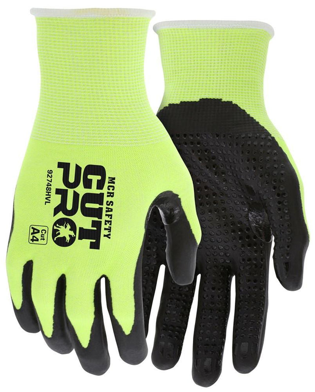 These MCR Safety Cut Pro 18 Ga HyperMax gloves feature cut-resistant capabilities and showcase a vibrant Hi-vis lime fabric with a black nitrile micro-dotted palm coating to enhance grip. Designed for superior cutting protection, they are labeled as "A4" and have the product code "92748HV.