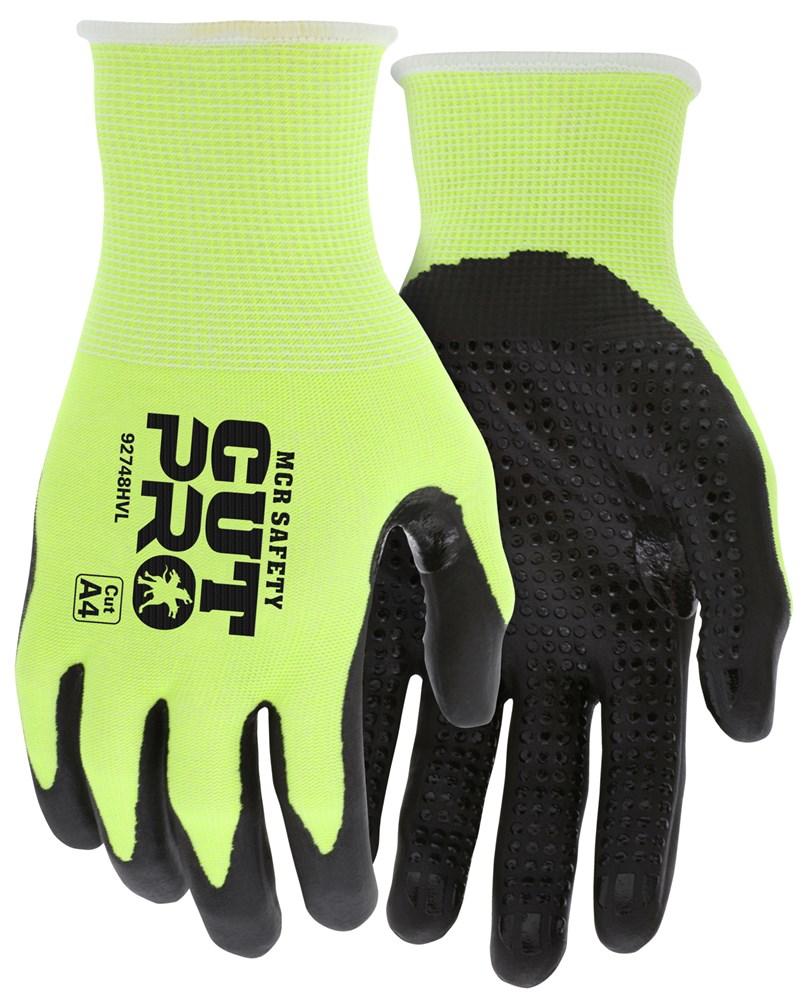 A pair of MCR Safety's Cut Pro 18 Ga HyperMax gloves, featuring a lime hi-vis design with black textured palms and fingertips, comes with a nitrile palm coating to enhance grip. These gloves are labeled as offering cut resistance level A4, and they provide both visibility and protection when positioned upright side by side.