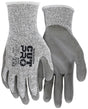 Introducing the MCR Safety Cut Pro 13G HyperMax PU Coated Gloves 92752, available in a bundle of 12 pairs. These gloves are gray, featuring a polyurethane coating that provides a textured grip on the palms and displays safety information in black on the back of one glove. They are engineered for optimal protection, durability, and abrasion resistance in various work environments.