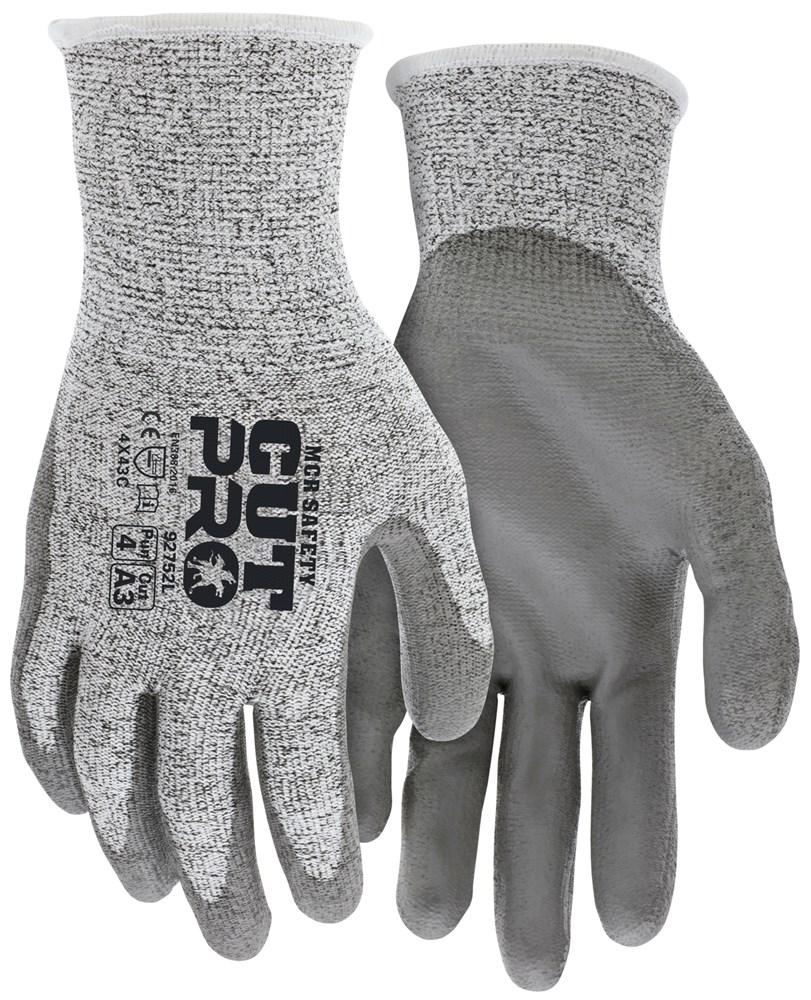 A pair of MCR Safety's MCR Cut Pro 13G HyperMax PU Coated Gloves, in gray, featuring textured palms and the text "CUT PRO" on the back. These gloves are enhanced with a durable polyurethane coating to provide superior protection against cuts and exceptional abrasion resistance.