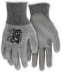 The MCR Safety MCR Cut Pro 13 Ga HyperMax PU Gloves 92752PU, available in a package of 12 pairs, are gray cut-resistant gloves designed for hand protection. They feature black text on the back of one glove, a ribbed cuff, and a textured finish for grip. The durable polyurethane coating enhances their safety and functionality by providing excellent abrasion resistance.