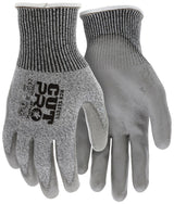 Introducing the MCR Safety Cut Pro 13 Ga HyperMax PU Gloves 92752PU, available in a set of 12 pairs. These gloves feature gray cut-resistant material with black textured palms and a ribbed cuff. Designed with "Cut Pro" branding, they include a durable polyurethane coating for superior abrasion resistance and optimal grip, offering enhanced protection.