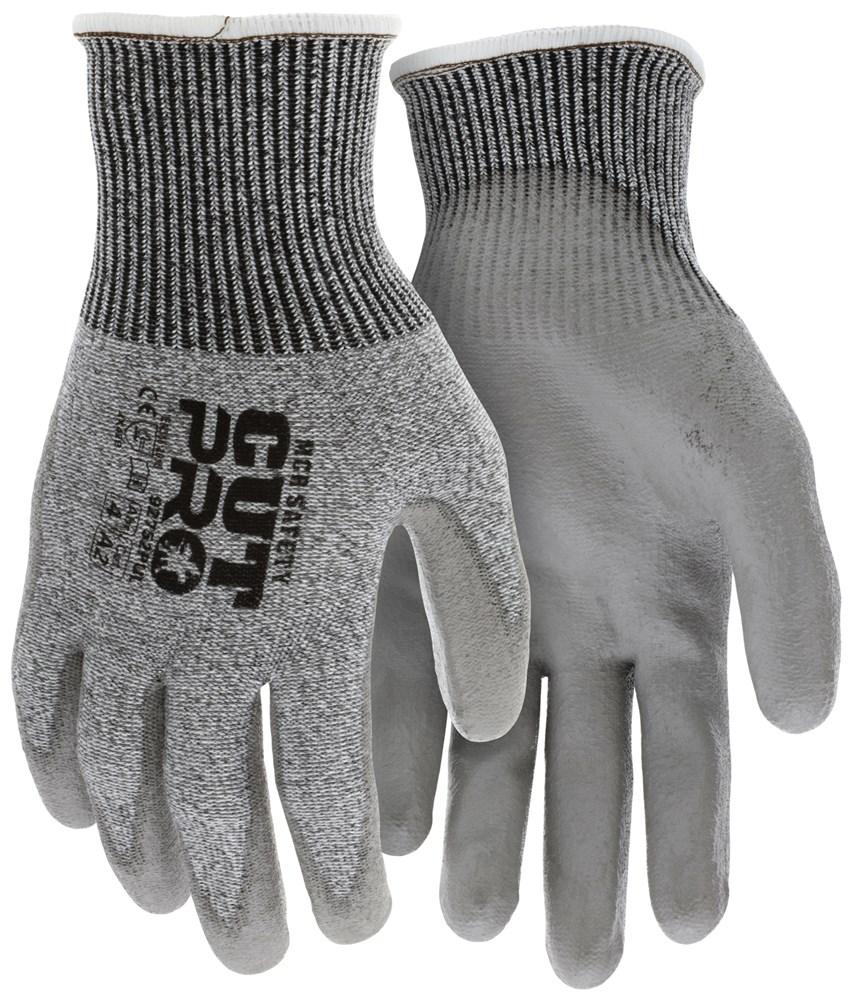 The MCR Cut Pro 13 Ga HyperMax PU Gloves by MCR Safety are gray cut-resistant work gloves that feature a black elastic cuff and a textured palm for increased grip. The "CUT PRO" logo adorns the back, while their durable polyurethane coating provides excellent abrasion resistance.