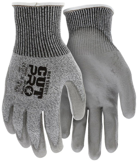 A pair of MCR Safety Cut Pro 13 Ga HyperMax PU Gloves 92752PU in gray and black, featuring "MCR Cut Pro" printed on the front. These gloves are abrasion-resistant with a textured grip, a snug wrist cuff, and a durable polyurethane coating for enhanced protection.