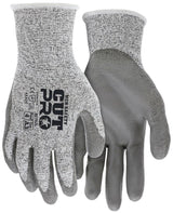 The MCR Safety MCR Cut Pro 13G HyperMax PU Coated Gloves, model 92752, are available in gray with a textured surface and prominently display the black "CUT PRO" branding on one glove. Designed for protection, these cut-resistant gloves feature reinforced fingertips and a durable polyurethane coating to enhance abrasion resistance.