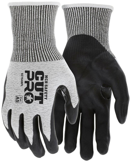 A pair of black and gray MCR Safety Cut Pro HyperMax gloves, model 92754BP, which feature a bi-polymer palm coating and reinforced thumb crotch. These cut-resistant gloves come with white cuffs and textured black palms and fingertips to enhance grip.