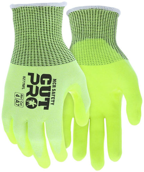 A pair of MCR Safety's high-visibility yellow gloves labeled "MCR Cut Pro 9277NF" features a HyperMax shell. These cut-resistant gloves have a black, textured nitrile foam coating on the palm and fingers to enhance protection and grip.