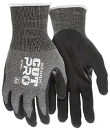 These cut-resistant safety gloves, known as the MCR Safety Cut Pro 18 Ga HyperMax Nitrile Foam Gloves 9278NF, come in grey and black and feature a HyperMax shell with nitrile foam-coated palms for improved grip. The back displays the logo "MCR Safety CUT PRO" and "9697 18G." They are designed with elastic cuffs to provide excellent cut protection and comfort.