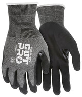 A pair of cut-resistant work gloves with black palms and gray backs, featuring an 18-gauge HyperMax shell. One glove is printed with "CUT PRO," "MCR SAFETY," "A3," and the model number "9278NF," guaranteeing excellent cut protection.