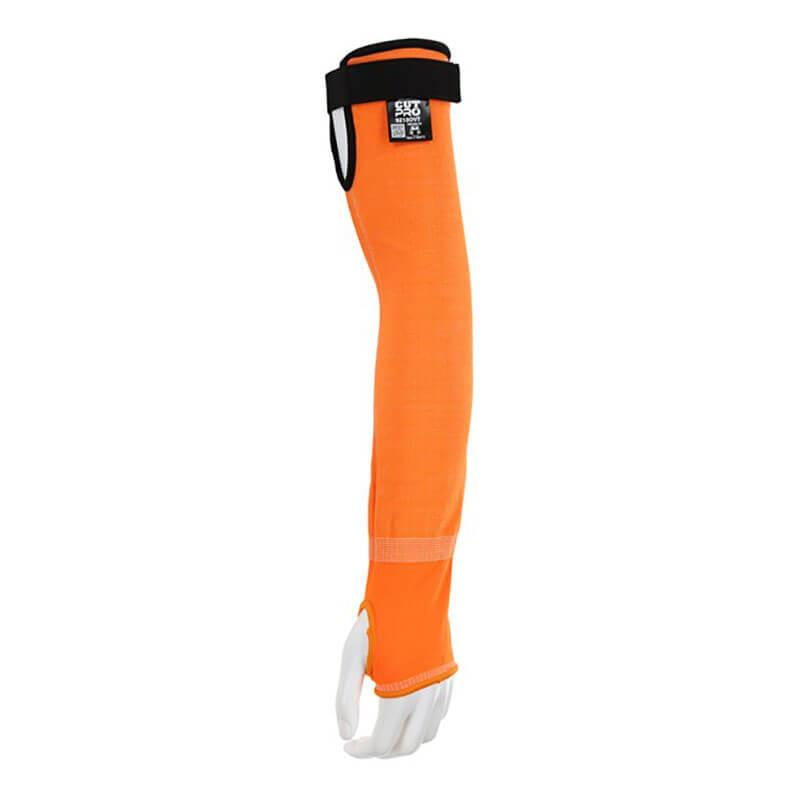 Introducing the MCR Safety 13g Hi-Vis HyperMax Cut Pro Sleeve 92_ _OVT, an orange protective sleeve made from HyperMax fiber, showcased on a mannequin hand for optimal arm protection. This high-visibility arm sleeve extends from the wrist to the upper arm and includes a black strap for securing in place along with a visible label near the top. Available in packs of ten.