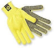 A pair of MCR Safety Kevlar Dotted Gloves 9365 featuring yellow cut-resistant material and black rubberized grips on the palms and fingers. The gloves are displayed side by side, with one showcasing the top and the other revealing the grip pattern on the underside.