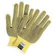 The MCR Safety Kevlar 2-Sided Dotted Glove 9366 is a pair of yellow safety gloves featuring black dotted grips on the palms and fingers, designed to provide enhanced grip and protection during manual tasks. They come with a ribbed wrist cuff and have a small label on one wrist.