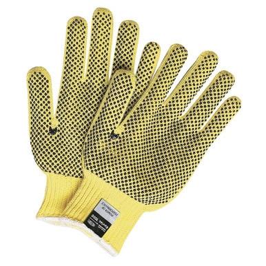 The MCR Safety Kevlar 2-Sided Dotted Glove 9366 is a pair of yellow safety gloves featuring black dotted grips on the palms and fingers, designed to provide enhanced grip and protection during manual tasks. They come with a ribbed wrist cuff and have a small label on one wrist.