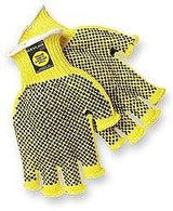 The MCR Safety Memphis Fingerless Kevlar Glove 9369, in yellow, offers both cut resistance and enhanced grip with black rubber dots on the palms and fingers. The gloves also include a wrist cuff and a label on the back for added detail.