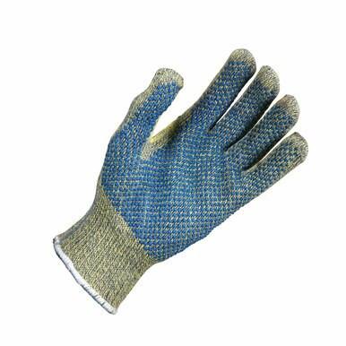 Displayed against a white background is one blue and beige textured work glove from the MCR Safety brand. This Kevlar blend glove, part of the MCR Hero Kevlar Stainless Steel Cut Protection Gloves 93867 set (12 pairs), exudes durability and is designed for industrial or heavy-duty use, featuring ANSI Cut Level A4 for enhanced protection.