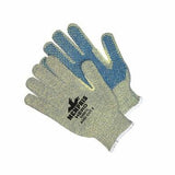 Introducing the MCR Safety Hero Kevlar Stainless Steel Cut Protection Gloves 93867, featuring a textured blue grip. These grey and green gloves provide ANSI Cut Level A4 safety, ensuring durability and reliable protection for your hands on the job. Available in packs of 12 pairs.