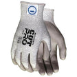 A pair of grey MCR Safety cut-resistant gloves with the model name "Memphis Diamond Tech PU Dyneema 9672," featuring protection level A3, is adorned with a textured surface and a wrist cuff displaying a blue logo. These gloves, enhanced for abrasion resistance, are displayed overlapping each other.