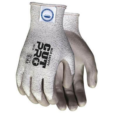 A pair of grey MCR Safety cut-resistant gloves with the model name "Memphis Diamond Tech PU Dyneema 9672," featuring protection level A3, is adorned with a textured surface and a wrist cuff displaying a blue logo. These gloves, enhanced for abrasion resistance, are displayed overlapping each other.