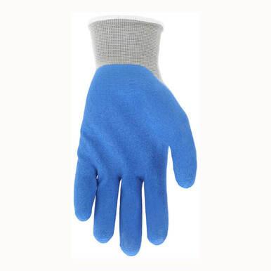 A pair of MCR Safety NXG Work Gloves 96731, showcasing a blue design with a gray elastic cuff, high dexterity, and seamless knit liners, is displayed with the palm and fingers facing downward on a white background.