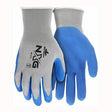 A pair of gray and blue MCR Safety NXG Work Gloves (model 96731) featuring the brand logo on the top. These high-dexterity gloves come with a textured blue grip on the palms and fingertips, complemented by gray fabric on the back and cuffs. They are crafted with seamless knit liners for enhanced comfort.