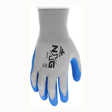 A pair from the MCR Safety NXG Work Gloves 96731 set, marked with "NXG" and "ANSI LEVEL" on the back, comes in grey and blue. These gloves boast high dexterity and a textured palm and fingers to enhance grip. With seamless knit liners that provide comfort and protection, they are perfect for precision tasks.