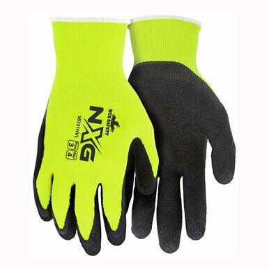 The MCR Safety NXG Hi-Vis Work Gloves 96731HV (12 pairs) feature a bright yellow and black design with a non-slip grip to ensure safety in various industrial environments. Their printed text and symbols indicate size and standards compliance, providing high dexterity for precision tasks.