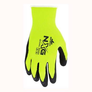 The MCR Safety NXG Hi-Vis Work Gloves 96731HV (12 pairs) offer a bright yellow design with black fingertips and trim to ensure safety and visibility. The back of these high-dexterity gloves features the NXG logo in black, as well as text and icons, making them perfect for multi-industrial use.