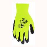 The MCR Safety NXG Hi-Vis Work Gloves 96731HV (12 pairs) offer a bright yellow design with black fingertips and trim to ensure safety and visibility. The back of these high-dexterity gloves features the NXG logo in black, as well as text and icons, making them perfect for multi-industrial use.